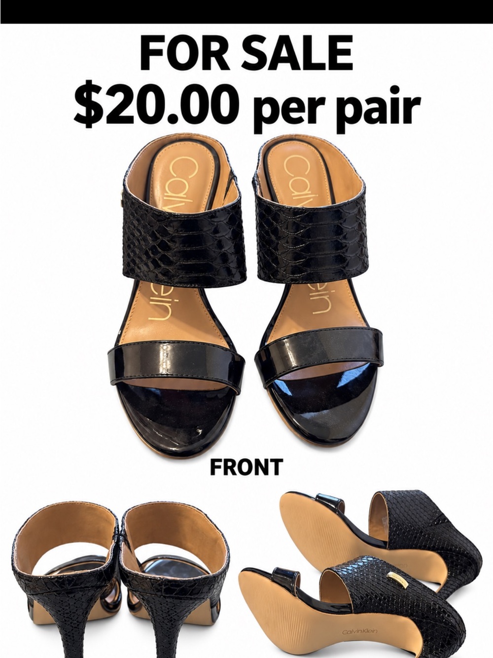 Calvin Klein Black Patent & Textured Two-Band Slide Mules